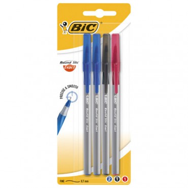 Ручки шариковые с грипом BIC "Round Stic Exact", НАБОР 4 шт./3 ЦВЕТА (синий, черный, красный), линия письма 0,28 мм, блистер, 932858