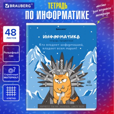 Тетрадь предметная "КОТ-ЭНТУЗИАСТ" 48 л., TWIN-лак, ИНФОРМАТИКА, клетка, подсказ, BRAUBERG, 404562