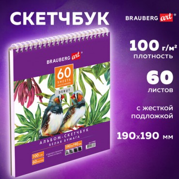 Скетчбук, белая бумага 100 г/м2, 190х190 мм, 60 л., гребень, жёсткая подложка, BRAUBERG ART DEBUT, 110998