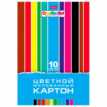 Картон цветной А4 МЕЛОВАННЫЙ, 10 листов 10 цветов, в папке, HATBER, 195х280 мм, "Creative", 10Кц4 05809, N049600